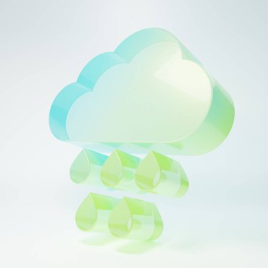 Beyaz arka planda izole edilmiş yağmur ikonlu buzlu cam bulut. Yağmur damlaları ile yağmur bulutu yağışı. Minimalizm kavramı. 3 Boyutlu resimleme.