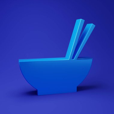 Mavi arka planda Asya yemeği ve bir çift yemek çubuğu silueti olan mavi kupa. Hazırlık kavramı, doğu diyeti. Minimalizm kavramı. 3 Boyutlu resimleme.