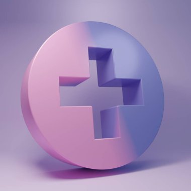 Mor arka planda izole edilmiş halka şeklinde mor tıbbi haç. İlk yardım sembolü. Minimalizm kavramı. 3 Boyutlu resimleme.