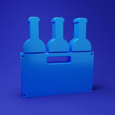 Mavi arka planda izole edilmiş ahşap bir kutuda mavi şarap şişeleri. Tahta bir sandıkta şarap şişeleri. Minimalizm kavramı. 3 Boyutlu resimleme.