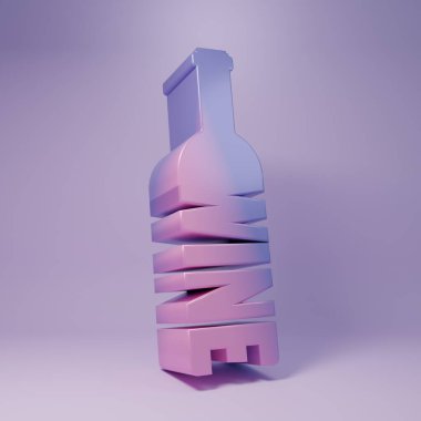 Mor arka planda izole edilmiş mor şarap ikonu. Bir şişe şarap. Minimalizm kavramı. 3 Boyutlu resimleme.
