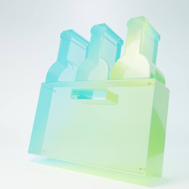 Beyaz arka planda izole edilmiş ahşap bir kutuda buzlu cam şarap şişeleri. Tahta bir sandıkta şarap şişeleri. Minimalizm kavramı. 3 Boyutlu resimleme.