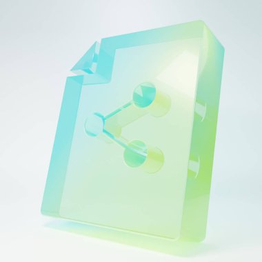 Buzlu cam paylaşım dosya simgesi beyaz arkaplanda izole edildi. Dosya paylaşımı. Dosya aktarım işareti. Minimalizm kavramı. 3 Boyutlu resimleme.