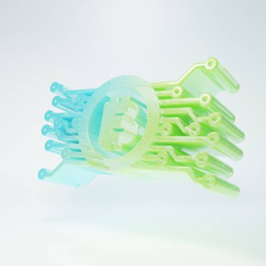 Buzlu cam kripto para birimi bitcoin beyaz zemin üzerinde izole edilmiş mikroçip devre ikonu ile daire içinde. Engelleme teknolojisi, dijital para piyasası. Minimalizm kavramı. 3 Boyutlu resimleme.