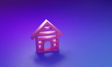 Mor-mavi arka planda izole edilmiş pembe köpek evi simgesi. Köpek kulübesi. Minimalizm kavramı. 3 Boyutlu resimleme.