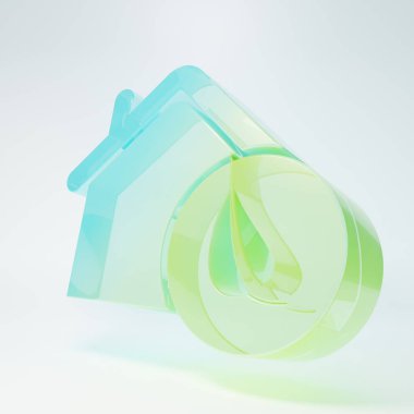 Beyaz arka planda izole edilmiş buzlu cam çevre dostu ev ikonu. Yapraklı eko ev. Minimalizm kavramı. 3 Boyutlu resimleme.