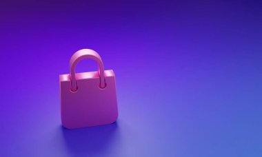 Mor-mavi arka planda izole edilmiş pembe alışveriş poşeti simgesi. Paket işareti. Minimalizm kavramı. 3 Boyutlu resimleme.