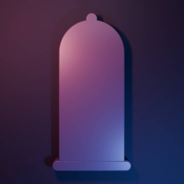 Mor kondom güvenli seks ikonu, mor-mavi arka planda izole edilmiş. Güvenli aşk sembolü. Erkekler için doğum kontrol yöntemi. Minimalizm kavramı. 3 Boyutlu resimleme.