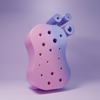 Mor arkaplanda baloncuk simgesi olan mor bir sünger. Bulaşık yıkamak için bir tutam Bast. Temizlik servisi logosu. Minimalizm kavramı. 3 Boyutlu resimleme.