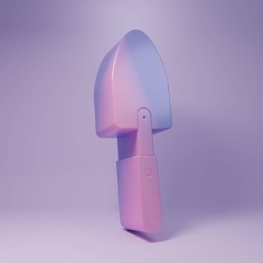 Mor bahçe küreği ya da mor arka planda izole edilmiş kürek ikonu. Bahçe aletleri. Bahçecilik, tarım, çiftçilik aleti. Minimalizm kavramı. 3 Boyutlu resimleme.