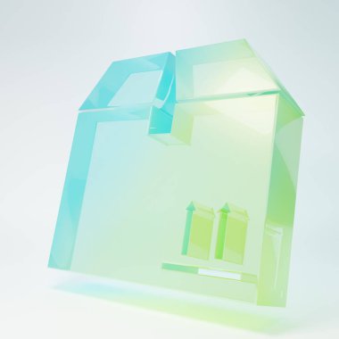 Frosted glass Cardboard box with traffic symbol icon isolated on white background. Box, package, parcel sign. Delivery, transportation and shipping. Minimalism concept. 3D render illustration.