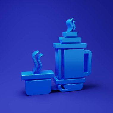 Mavi arkaplanda mavi termos konteynır simgesi izole edildi. Termo matara ikonu. Kamp ve yürüyüş ekipmanları. Minimalizm kavramı. 3 Boyutlu resimleme.