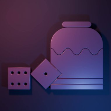 Mor-mavi arka planda izole edilmiş Mor Korsan oyun zar simgesi. Kumarhane kumarı. Minimalizm kavramı. 3 Boyutlu resimleme.