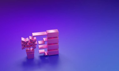 Mor-mavi arkaplanda izole edilmiş pembe çiçek analiz simgesi. Minimalizm kavramı. 3 Boyutlu resimleme.