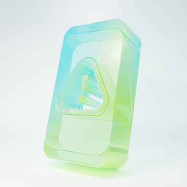 Beyaz zemin üzerinde ünlem işareti simgesi olan buzlu cam cep telefonu. Uyarı mesajı akıllı telefon uyarısı. Minimalizm kavramı. 3 Boyutlu resimleme.