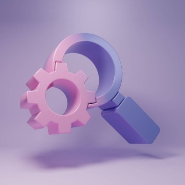 Mor büyüteç ve vites simgesi mor arka planda izole edilmiş. Arama ekipmanı. İş analizi sembolü. Minimalizm kavramı. 3 Boyutlu resimleme.