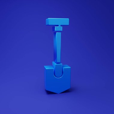Mavi Kürek simgesi mavi arkaplanda izole edildi. Bahçe aletleri. Bahçecilik, tarım, çiftçilik aleti. Minimalizm kavramı. 3 Boyutlu resimleme.