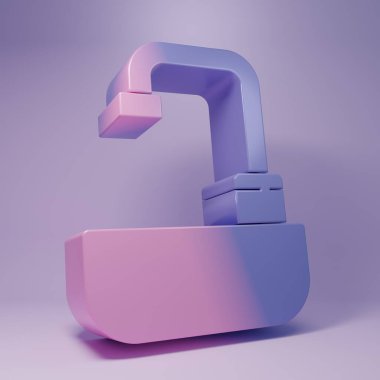 Mor arka planda su musluğu ikonu olan mor lavabo. Minimalizm kavramı. 3 Boyutlu resimleme.