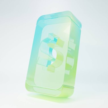 Beyaz arka planda izole edilmiş dolar sembollü buzlu cam akıllı telefon. İnternetten alışveriş konsepti. Finansal cep telefonu. Çevrimiçi ödeme. Minimalizm kavramı. 3 Boyutlu resimleme.