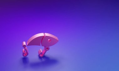 Mor-mavi arka planda izole edilmiş pembe balık yemi simgesi. Balık oltası. Minimalizm kavramı. 3 Boyutlu resimleme.