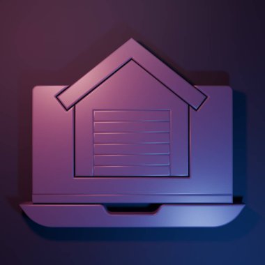 Dizüstü bilgisayardaki Purple Online emlak evi mor-mavi arka planda izole edilmiş. Ev kredisi konsepti, kira, satın alma, mülk alma. Minimalizm kavramı. 3 Boyutlu resimleme.