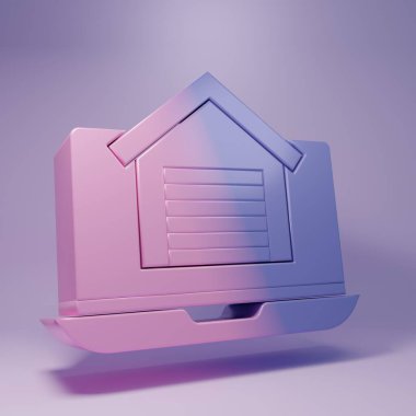 Dizüstü bilgisayardaki Purple Online emlak evi mor arka planda izole edilmiş. Ev kredisi konsepti, kira, satın alma, mülk alma. Minimalizm kavramı. 3 Boyutlu resimleme.