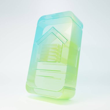 Beyaz arka planda izole edilmiş akıllı telefon ikonundaki buzlu cam emlak evi. Ev kredisi konsepti, kira, satın alma, mülk alma. Minimalizm kavramı. 3 Boyutlu resimleme.