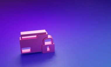Pembe Dizin ve kilit simgesi mor-mavi arkaplanda izole edildi. Kapalı dosya ve asma kilit. Güvenlik, güvenlik, koruma kavramı. Minimalizm kavramı. 3 Boyutlu resimleme.