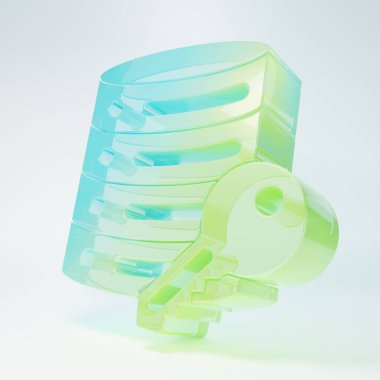 Frosted glass Server security with key icon isolated on white background. Security, safety, protection concept. Minimalism concept. 3D render illustration.