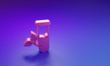 Pembe laboratuvar camı ve mor-mavi arka planda izole edilmiş bir ikon. Yapraklı kimyasal test tüpü. Eko Laboratuvarı. Minimalizm kavramı. 3 Boyutlu resimleme.