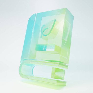 Beyaz arka planda yaprak ikonu olan buzlu cam tıp kitabı. Minimalizm kavramı. 3 Boyutlu resimleme.