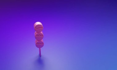 Mor-mavi arka planda izole edilmiş bir çubuk simgesinde pembe Takoyaki. Japon sokak yemeği. Minimalizm kavramı. 3 Boyutlu resimleme.