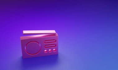 Mor-mavi arka planda izole edilmiş anten simgesi olan pembe radyo. Minimalizm kavramı. 3 Boyutlu resimleme.