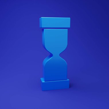 Mavi arka planda kum ikonu olan eski mavi kum saati. Kum saati işareti. İş ve zaman yönetimi kavramı. Minimalizm kavramı. 3 Boyutlu resimleme.