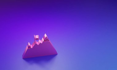 Üzerinde bayrak olan pembe dağlar mor-mavi arkaplanda izole edilmiş. Zaferin ya da başarının sembolü. Gol başarısı. Minimalizm kavramı. 3 Boyutlu resimleme.