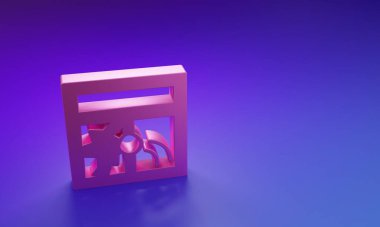 Kırık pembe pencere simgesi mor-mavi arkaplanda izole edilmiş. Hasarlı pencere. Pencere camı kavramını yendim. Vandalizm. Minimalizm kavramı. 3 Boyutlu resimleme.