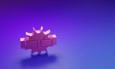 Mor-mavi arka planda izole edilmiş boks eldivenli pembe punç ikonu. Boks eldivenleri patlayıcıyla birbirine çarpıyor. Minimalizm kavramı. 3 Boyutlu resimleme.