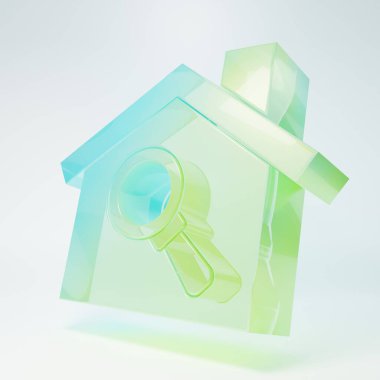 Beyaz arka planda izole edilmiş buzlu cam arama evi simgesi. Büyüteç altındaki bir evin emlak sembolü. Minimalizm kavramı. 3 Boyutlu resimleme.