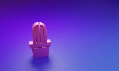 Pembe Kaktüs ve mor-mavi arka planda izole edilmiş tencere simgesinde sulu. Tencerede yetişen bir bitki. Saksı bitkisi işareti. Minimalizm kavramı. 3 Boyutlu resimleme.