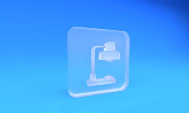 Mavi arkaplanda izole edilmiş buzlu cam masa lambası ikonu. Masa lambası. Kare buzlu cam düğme. 3 Boyutlu resimleme.