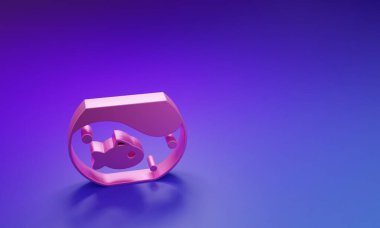 Mor-mavi arka planda balık ikonlu pembe akvaryum. Yuvarlak cam akvaryum. Ev ve evcil hayvanlar için akvaryum. Minimalizm kavramı. 3 Boyutlu resimleme.