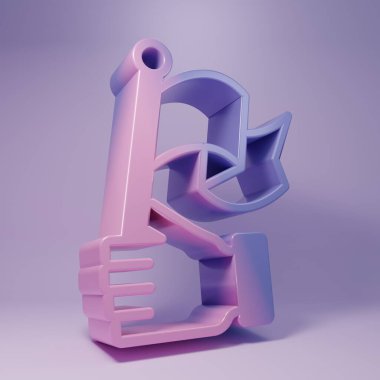 Mor El, mor arka planda izole edilmiş bayrak simgesini tutuyor. Zafer, kazanmak ve zorluk konseptini fethetmek. Minimalizm kavramı. 3 Boyutlu resimleme.