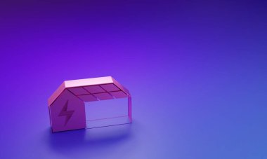 Mor-mavi arka planda izole edilmiş pembe güneş enerjisi simgesi. Minimalizm kavramı. 3 Boyutlu resimleme.