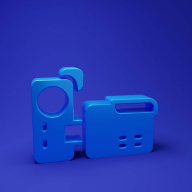 Mavi sinema kamera ikonu mavi arkaplanda izole edildi. Video kamera. Film tabelası. Film projektörü. Minimalizm kavramı. 3 Boyutlu resimleme.