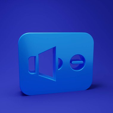 Mavi Hoparlör sessiz simgesi mavi arkaplanda izole edildi. Ses simgesi yok. Ses Kapalı sembolü. Minimalizm kavramı. 3 Boyutlu resimleme.