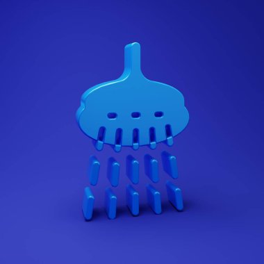 Mavi duş başlığında mavi arkaplanda su damlası ikonu var. Minimalizm kavramı. 3 Boyutlu resimleme.