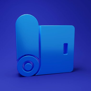 Mavi Fitness hasırı yuvarlama simgesi mavi arkaplanda izole edildi. Yoga minderi yuvarlandı. Spor malzemeleri. Minimalizm kavramı. 3 Boyutlu resimleme.