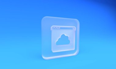 Donmuş cam bulut teknoloji veri transferi ve mavi arka planda izole edilmiş depolama ikonu. Kare buzlu cam düğme. 3 Boyutlu resimleme.