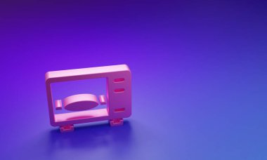 Mor-mavi arka planda izole edilmiş pembe mikrodalga fırın ikonu. Ev aletleri simgesi. Minimalizm kavramı. 3 Boyutlu resimleme.