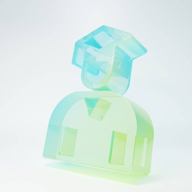 Buzlu cam mezuniyeti ve mezuniyet şapkası ikonu beyaz arka planda izole edilmiş. Minimalizm kavramı. 3 Boyutlu resimleme.